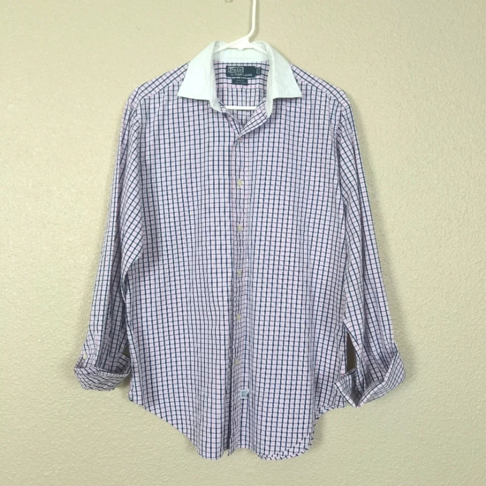 POLO RALPH LAUREN Men's Dress Shirt Long Sleeve 15 1/2-34 Pink/Blue Plaid Button
